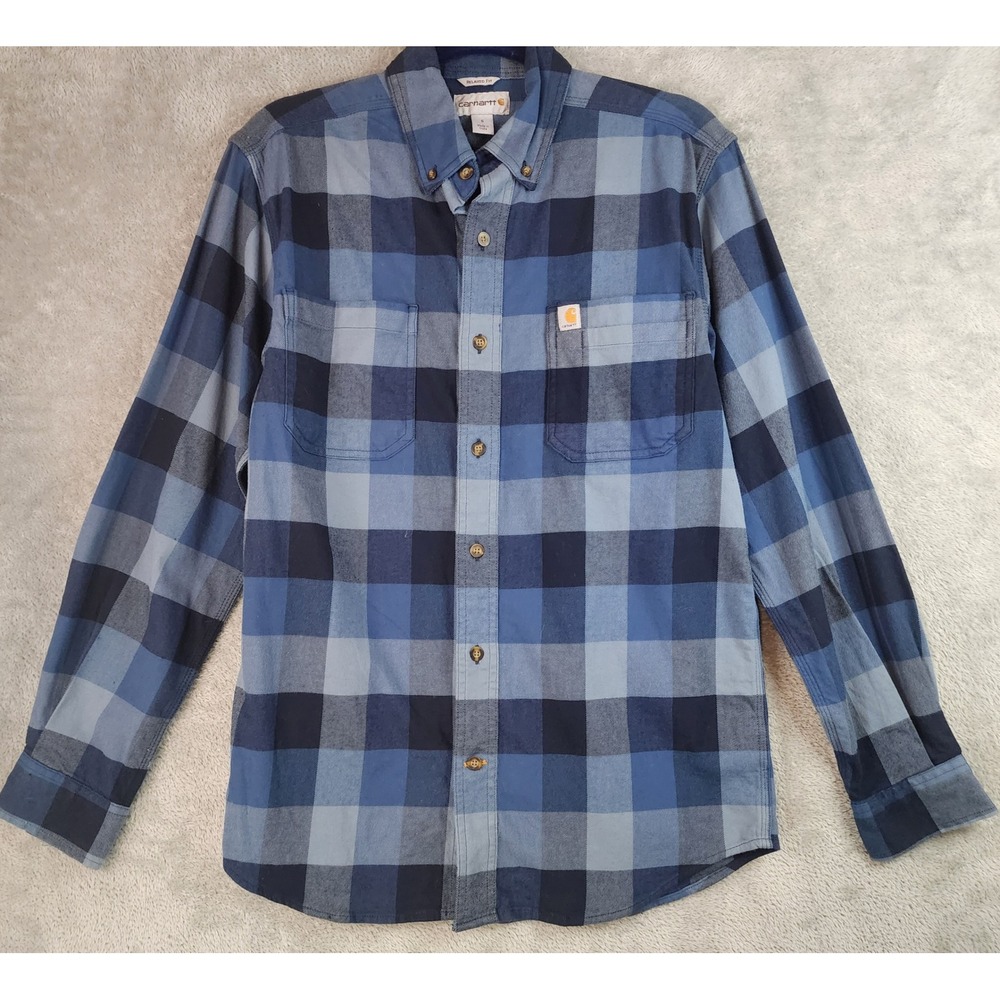 Carhartt Shirt Mens Small Blue Plaid Flannel Button Up Long Sleeve Relaxed Fit